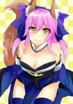  1girl animal_ears bare_shoulders blue_legwear bow breasts caster_(fate/extra) cleavage collarbone detached_sleeves fate/extra fate/grand_order fate/stay_night fate_(series) fox_ears fox_tail hair_bow hair_ribbon japanese_clothes large_breasts looking_at_viewer pink_hair ribbon solo tail yellow_eyes 