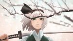  1girl amino_(tn7135) blue_sky blurry_background cherry_blossoms collared_shirt day expressionless green_eyes green_vest hairband katana konpaku_youmu lips looking_at_viewer looking_down over_shoulder petals shirt short_hair silver_hair sky solo sword sword_over_shoulder touhou upper_body weapon weapon_over_shoulder white_shirt wind 