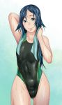  1girl aqua_eyes blue_hair competition_swimsuit fukami_nana long_hair nawoto_oota one-piece_swimsuit original standing swimsuit towel wet 