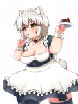  1girl animal_ears apron bare_shoulders breasts cake cleavage collarbone double_chin dress eating fat food fork fork_in_mouth hitotsubashi_inari inubashiri_momiji large_breasts looking_at_viewer maid maid_apron maid_headdress open_mouth plate red_eyes short_hair silver_hair smile solo tail thigh-highs touhou wolf_ears wolf_tail wrist_cuffs 