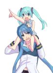  1boy 1girl aqua_eyes aqua_hair barefoot blue_eyes blue_hair blue_scarf carrying child hair_ornament hatsune_miku kaito mitsuyo_(mituyo324) open_mouth pointing scarf shoulder_carry simple_background twintails vocaloid white_background younger 