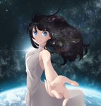 1girl bare_shoulders black_hair dress earth hands long_hair original outstretched_arm outstretched_hand smile solo space star star-shaped_pupils symbol-shaped_pupils yassy_(yasikoz2008) 