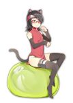  1girl animal_ears black_hair boruto:_naruto_the_movie cat_ears cat_tail closed_mouth flipped_hair forehead_protector frown full_body glasses greetload hair_over_one_eye kemonomimi_mode naruto one_eye_covered paw_pose red-framed_glasses short_hair simple_background sleeveless solo tail uchiha_sarada 