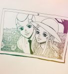  1boy 1girl arm_around_shoulder brother_and_sister crosshatching enrico_pucci flower hage_tashuumi hair_bobbles hair_ornament hat jojo_no_kimyou_na_bouken monochrome necktie open_mouth perla_pucci photo_(object) siblings sidelocks smile sun_hat tree 