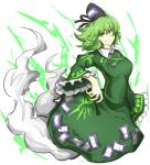  1girl breasts dress electricity frilled_sleeves frills full_body ghost_tail green_dress green_eyes green_hair grin hand_up hat kan_(aaaaari35) long_sleeves looking_at_viewer print_dress shiny shiny_hair simple_background smile soga_no_tojiko solo tate_eboshi touhou white_background wide_sleeves 