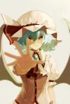  1girl ascot ashisaki bat_wings blue_hair blurry hat hat_ribbon highres mob_cap open_hand outstretched_arm puffy_sleeves red_eyes remilia_scarlet ribbon shirt short_hair short_sleeves slit_pupils smile solo touhou upper_body wings 