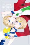  2015 2girls bishoujo_senshi_sailor_moon blonde_hair blue_background blue_eyes bow choker dated earrings gloves green_necktie happy_birthday jewelry looking_at_viewer magical_girl multiple_girls reverse_trap sailor_collar sailor_uranus short_hair smile ten&#039;ou_haruka tiara wand white_gloves yellow_bow yukinami_(paru26i) 