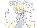  1girl animal_ears blonde_hair blush commentary_request embarrassed fox_ears fox_tail full-face_blush hammer_(sunset_beach) hat open_mouth short_hair sketch solo tabard tail touhou translation_request yakumo_ran 