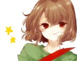  androgynous blood bloody_weapon blush brown_eyes brown_hair chara_(undertale) closed_mouth flat_chest flower_(symbol) green_shirt knife koyashaka looking_at_viewer parted_lips shirt signature simple_background smirk solo spoilers sweater undertale upper_body weapon white_background 