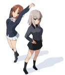  2girls arm_behind_head arms_up bangs black_legwear blonde_hair blue_eyes blue_jacket boots brown_eyes brown_hair colored eyebrows eyebrows_visible_through_hair girls_und_panzer hair_between_eyes hand_on_own_elbow hands_on_hips ikeshita_moyuko itsumi_erika jacket looking_at_viewer military military_uniform miniskirt multiple_girls nishizumi_miho school_uniform shadow shoes short_hair sketch skirt solo stretch uniform white_skirt 