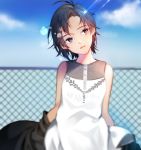  1girl bangs black_eyes black_hair blue_sky blurry bokeh chain-link_fence chico907 clouds depth_of_field dress fence head_tilt idolmaster kikuchi_makoto looking_away looking_to_the_side off_shoulder outdoors parted_lips red_lips short_hair sky sleeveless sleeveless_dress solo sunlight upper_body wind 