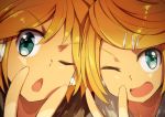  1boy 1girl ;&lt; ;o aqua_eyes blonde_hair brother_and_sister chestnut_mouth close-up face hair_ornament hairclip kagamine_len kagamine_rin one_eye_closed open_mouth short_hair siblings sketch tomato_(lsj44867) twins v vocaloid 