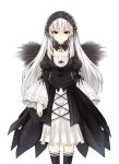  &gt;:( 1girl black_dress black_wings dress frills gothic_lolita hairband lolita_fashion lolita_hairband long_hair looking_at_viewer red_eyes rozen_maiden silver_hair solo suigintou tousen white_background wings 