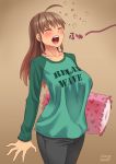  1girl ahoge artist_name blush breasts brown_hair closed_eyes clothes_writing dated kamiya_midori long_hair open_mouth original pillow sleepy solo tears yawning zheng 