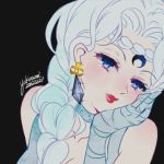  1girl 2015 beruche_(sailor_moon) bishoujo_senshi_sailor_moon black_background black_moon_clan blue_eyes blue_gloves blue_hair blush braid choker close-up crescent crystal_earrings dated earrings facial_mark forehead_mark gloves hair_over_shoulder hand_on_own_cheek jewelry lipstick long_hair makeup red_lipstick signature smile solo upper_body yukinami_(paru26i) 
