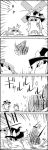  4koma bow bucket cirno comic commentary_request dropping hair_between_eyes hair_bow hair_ornament hat hat_bow highres ice ice_wings in_bucket in_container kirisame_marisa kisume monochrome pose rolling_eyes running shaded_face smile surprised tani_takeshi touhou translation_request twintails wings witch_hat wooden_bucket yukkuri_shiteitte_ne 