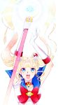 1girl 2015 :o arms_up bishoujo_senshi_sailor_moon blonde_hair blue_eyes bow brooch choker crescent dated double_bun earrings elbow_gloves facial_mark forehead_mark gloves hair_ornament hairpin jewelry long_hair looking_at_viewer maboroshi_no_ginzuishou magical_girl moon_stick red_bow sailor_collar sailor_moon signature solo staff tsukino_usagi twintails upper_body white_background white_gloves yukinami_(paru26i) 
