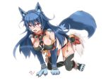  1girl all_fours animal_ears blue_hair blush breasts claws collar fang fooring froze_(monster_musume) long_hair monster_girl monster_musume_no_iru_nichijou monster_musume_no_iru_nichijou_online open_mouth pink_eyes simple_background solo tail white_background wolf_ears wolf_girl wolf_paws wolf_tail 