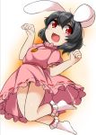  1girl :3 :d animal_ears black_hair blush carrot_necklace dress full_body fun_bo inaba_tewi jumping legs looking_at_viewer open_mouth paw_pose rabbit_ears red_eyes short_hair smile socks solo touhou 