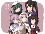  5girls :p ahoge antenna_hair aoba_(kantai_collection) black_eyes black_hair blue_eyes braid brown_eyes c: cape eyepatch green_eyes green_hair grey_hair hachimaki hair_flaps hair_ornament hakama hat headband holding japanese_clothes jewelry kantai_collection kiso_(kantai_collection) long_hair multiple_girls nachi_(kantai_collection) notepad ponytail remodel_(kantai_collection) ring school_uniform serafuku shigure_(kantai_collection) short_hair shoukaku_(kantai_collection) side_ponytail silver_hair single_braid tongue tongue_out wedding_band yukimi_unagi 