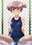  1girl alisa_(girls_und_panzer) angry arm_support blue_swimsuit blush brown_eyes brown_hair chain-link_fence collarbone embarrassed fence freckles girls_und_panzer hair_ornament kurosawa_shouichi leaning_back looking_at_viewer one-piece_swimsuit school_swimsuit short_hair sitting solo spread_legs star_hair_ornament swimsuit tearing_up 