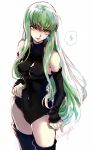  &gt;:) 1girl artist_name bangs bare_shoulders black_legwear breasts c.c. code_geass covered_navel creayus detached_sleeves earrings evil_smile glowing green_hair hands_on_hips head_tilt jewelry latex leotard long_hair long_sleeves looking_at_viewer parted_lips sidelocks simple_background skin_tight smile solo speech_bubble spoken_lightning_bolt thigh-highs tsurime very_long_hair white_background yellow_eyes 