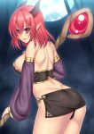  1girl ass bare_shoulders black_panties breasts butt_crack cowboy_shot demon_girl demon_horns earrings full_moon holding horns jewelry midriff moon muo0409 original panties pointy_ears red_eyes redhead short_hair sideboob smile staff tagme underwear 