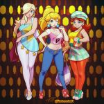  3girls ;) bag blonde_hair blue_eyes bracelet breasts brown_hair cabbie_hat casual cleavage crossed_legs dress earrings hair_over_one_eye handbag hat high_heels jewelry legs super_mario_bros. midriff multiple_girls navel one_eye_closed plaid plaid_skirt ponytail princess_daisy princess_peach robert_porter rosetta_(mario) shopping_bag short_dress short_shorts shorts skirt smile strapless strapless_dress super_mario_bros. super_mario_galaxy vest watson_cross 