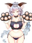 1girl animal_ears arms_up bell bell_collar black_bra black_panties blue_hair bra braid breasts cat_cutout cat_ear_panties cat_lingerie cat_paws cleavage cleavage_cutout collar collarbone cowboy_shot granblue_fantasy hairband heles jingle_bell large_breasts long_hair looking_at_viewer nekomanma_(chipstar182) open_mouth panties paws red_eyes side-tie_panties simple_background solo standing thigh_gap underwear very_long_hair white_background 