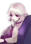  1girl ainy77 chair dress finger_to_mouth jacket kishin_sagume long_sleeves looking_at_viewer looking_back open_mouth pink_eyes short_hair silver_hair simple_background single_wing sitting solo touhou upper_body white_background wings 