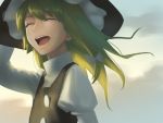  1girl amino_(tn7135) backlighting black_vest blonde_hair bow closed_eyes clouds day hair_bow hand_on_headwear hat kirisame_marisa long_hair morning open_mouth outdoors shiny shiny_hair shirt smile solo sunlight touhou turtleneck white_shirt witch_hat 