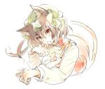  1girl animal_ears bow bowtie brown_hair cat_ears cat_tail chen eyebrows eyebrows_visible_through_hair fang hat jewelry long_sleeves looking_at_viewer mob_cap multiple_tails open_mouth paw_pose red_eyes short_hair signature single_earring solo tail touhou two_tails yukizen 