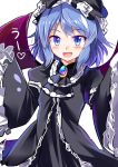  1girl alternate_costume ascot bat_wings black_dress blue_eyes blue_hair brooch dress e.o. fang gothic_lolita hat highres jewelry lolita_fashion looking_at_viewer mob_cap open_mouth remilia_scarlet smile solo touhou wings 