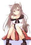 1girl ahoge animal_ears bare_legs boots breasts brown_hair imaizumi_kagerou knees long_hair looking_at_viewer off_shoulder red_eyes sangatsu_saki solo squatting tail touhou wolf_ears wolf_tail 