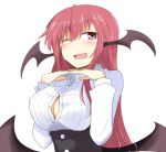  1girl ;d bat_wings blush breasts bursting_breasts buttons center_opening chata_maru_(irori_sabou) cleavage collared_shirt commentary_request dress_shirt head_wings highres koakuma large_breasts long_hair long_sleeves looking_at_viewer low_wings one_eye_closed open_mouth popped_button redhead shirt simple_background smile touhou white_background white_shirt wings 