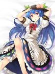  1girl :o adjusting_clothes adjusting_hat arm_behind_head barefoot black_hat blouse blue_hair bow bowtie dress food fruit hat hinanawi_tenshi long_hair looking_at_viewer lying on_back on_bed peach puffy_short_sleeves puffy_sleeves rainbow_gradient rainbow_order red_bow red_eyes short_sleeves solo touhou tousen white_blouse white_dress 