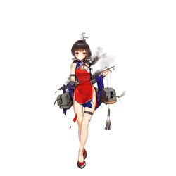  1girl brown_hair cannon china_dress chinese_clothes damaged detached_sleeves dress elbow_gloves gloves hair_ornament looking_at_viewer machinery official_art red_dress red_eyes sarashi shawl short_hair side_slit single_glove single_sleeve smoke solo thigh_strap torn_clothes torn_dress turret yat_sen_(zhan_jian_shao_nyu) zhan_jian_shao_nyu 