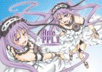  2girls comic dress euryale fate/stay_night fate_(series) headdress long_hair mizutani_hozumi multiple_girls purple_hair siblings sisters stheno twintails very_long_hair violet_eyes white_dress 