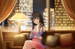  1girl artist_request bangs black_hair blunt_bangs breasts brown_eyes city_lights cityscape cleavage couch crossed_arms dress idolmaster idolmaster_cinderella_girls idolmaster_cinderella_girls_starlight_stage kurokawa_chiaki lamp long_hair looking_at_viewer night night_sky official_art pillow sky smile solo 