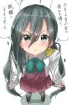  1girl ahoge blush bow bowtie commentary_request foreshortening from_above green_eyes grey_hair highres kantai_collection kiyoshimo_(kantai_collection) long_hair looking_at_viewer looking_up low_twintails pentagon_(railgun_ky1206) school_uniform translation_request twintails 