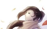  1girl bangs brown_eyes brown_hair fire_emblem fire_emblem_if ichikeita kagerou_(fire_emblem_if) leaf long_hair ponytail scarf simple_background solo white_background 