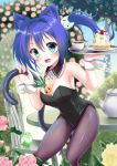  1girl animal_ears aqua_eyes bare_shoulders between_breasts bird blue_hair blush breasts cake cat_ears cat_tail chair cleavage coffee cup detached_collar flower food highres leotard long_hair original pantyhose playboy_bunny_leotard side_ponytail smile solo table tail tray usiedo_akatuki wrist_cuffs 