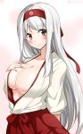  1girl arm_behind_back blush breasts collarbone hairband hakama_skirt hand_on_breast japanese_clothes kantai_collection large_breasts long_hair looking_at_viewer open_clothes red_skirt shoukaku_(kantai_collection) silver_hair skirt smile solo twitter_username yellow_eyes yuuki_hb 