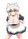  1girl animal_ears apron bare_shoulders breasts cleavage collarbone dress hitotsubashi_inari inubashiri_momiji large_breasts looking_at_viewer maid maid_apron maid_headdress open_mouth red_eyes short_hair silver_hair solo touhou wolf_ears wrist_cuffs 