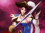  1girl blue_eyes breasts brown_hair choker cleavage fiora_laurent highres large_breasts league_of_legends light_smile lips looking_at_viewer petals rapier rose_petals seiryuu_zaiten short_hair solo sword weapon 