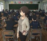  black_eyes brown_eyes brown_hair chalkboard classroom commentary_request graduation icons looking_at_viewer looking_back multiple_boys multiple_girls original school school_uniform serafuku short_hair sitting solo_focus sweater teacher yajirushi_(chanoma) 