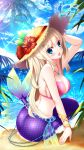  1girl bikini_top blonde_hair blue_eyes fins hat highres jewelry kaho_okashii long_hair mermaid monster_girl original scales shell shell_bikini solo 