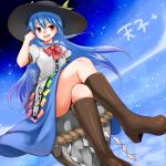 1girl above_clouds blue_hair boots crossed_legs hand_in_hair hat hinanawi_tenshi long_hair looking_at_viewer monrooru open_mouth puffy_short_sleeves puffy_sleeves red_eyes rope shimenawa shirt short_sleeves sitting sitting_on_rock skirt sky smile star_(sky) starry_sky touhou very_long_hair