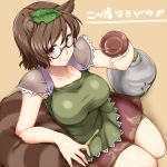  1girl animal_ears bottle breasts brown_eyes brown_hair from_above futatsuiwa_mamizou glasses large_breasts leaf leaf_on_head monrooru pince-nez raccoon_ears raccoon_tail sakazuki sake_bottle sitting solo tail touhou yokozuwari 