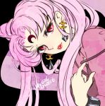  1girl 2015 bishoujo_senshi_sailor_moon black_background black_lady chibi_usa close-up crescent crystal_earrings dated earrings facial_mark forehead_mark hair_bun jewelry lipstick long_hair looking_at_viewer makeup older pink_hair red_eyes red_lipstick signature solo twintails yukinami_(paru26i) 